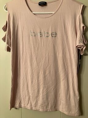 bebe Light Pink Crystal Logo Cold-Shoulder Tee